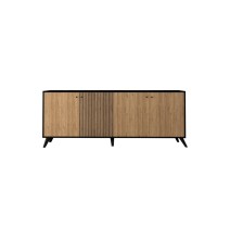 Buffet con 4 Puertas y Patas de Madera en Melamina Roble y Negro, 180x40x78,6 cm