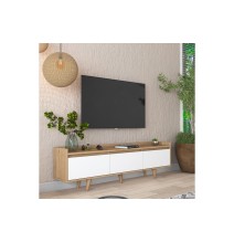 Mueble TV Nogal Melamina Puertas Blancas con Patas de Madera - 3 Puertas Abatibles - 180x29.7x51.8 cm - Elegancia y Espacio.